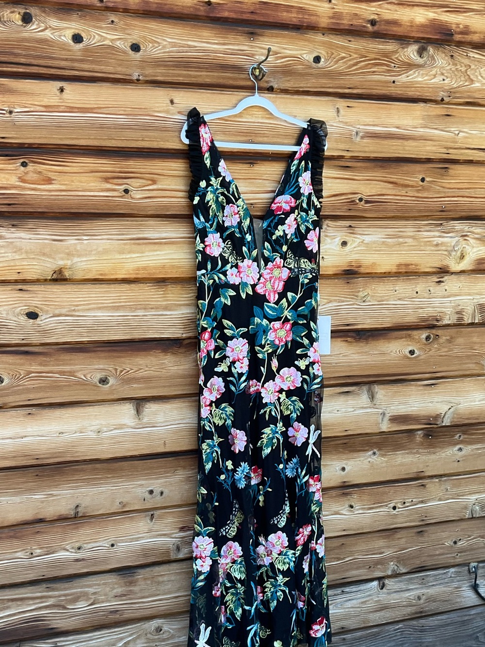 NWT Mac Duggal Embroidered Floral Plunge Neck Trumpet Gown Black Multi Size 10 - Picture 7 of 15